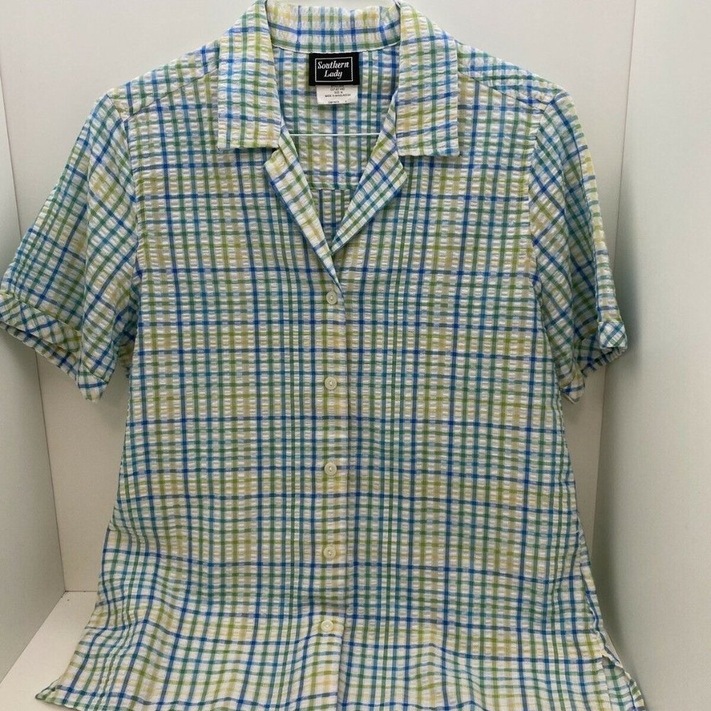Southern Lady Blouse Size M Teal Blue Yellow Green